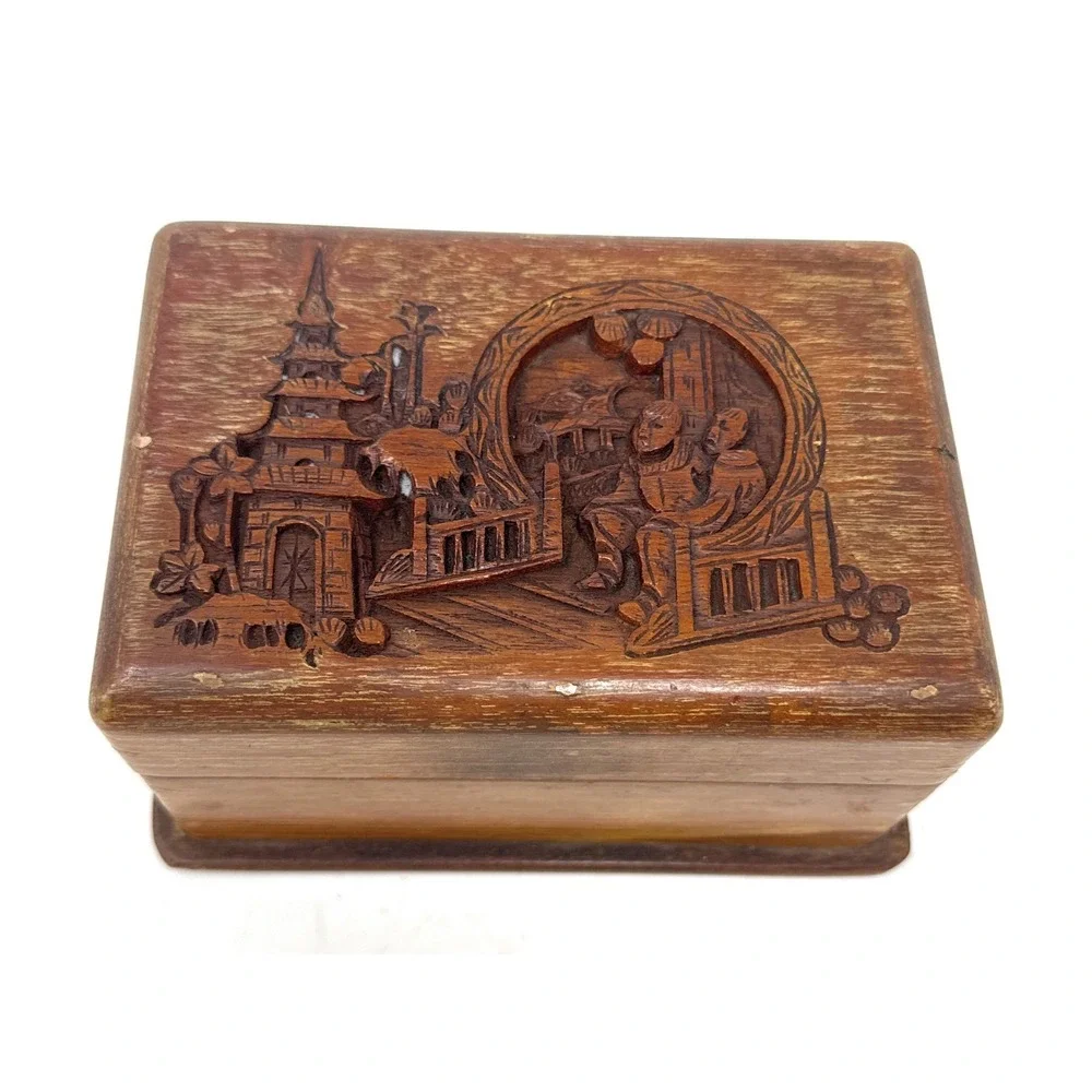 Vintage George Zee Co. Hand Carved Wood Jewelry Box / Trinket Box Hong Kong